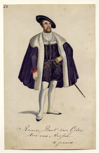 32719 Afbeelding van een kostuumontwerp van Reinier van Gelre, heer van Arssen, figurant in de maskerade van de ...